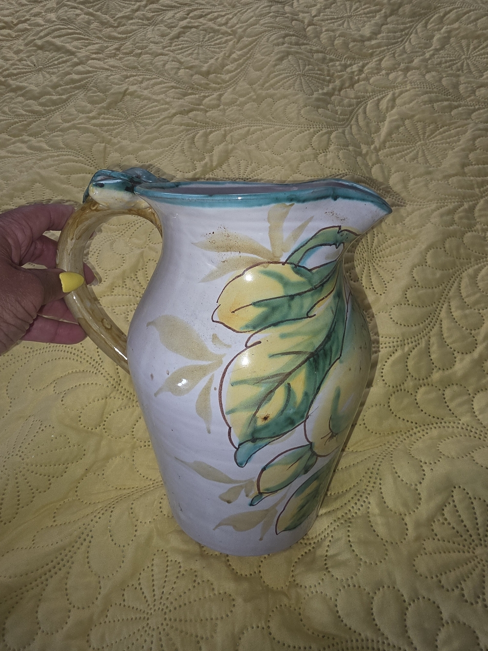 Source Unknown Hand-Painted Ceramic Pitcher with Yellow and Green Lemon Motif